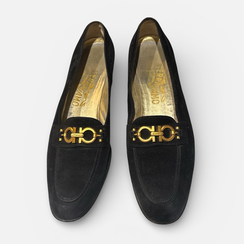 Salvatore Ferragamo Gancini Black suede‎ Loafers Flats Gold  bit logo 9 1/2 AAAA